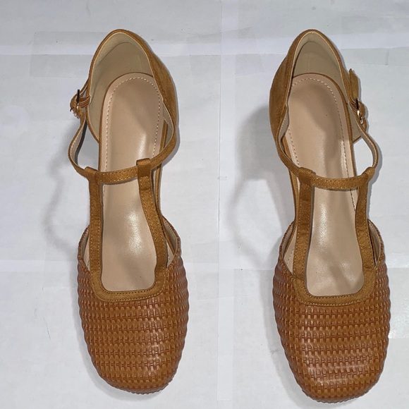 Lhamo Shoes - Closed Square Toe Tan Mary Jane’s Woven Women's Shoes Size 8